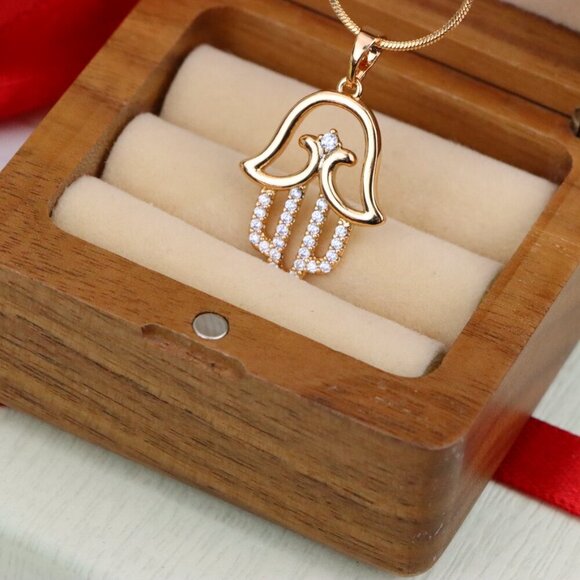 "Rose Gold Hamsa Hand Pendant in Gold Plated Brass with Accents, XPPT1760 - Picture 8 of 13